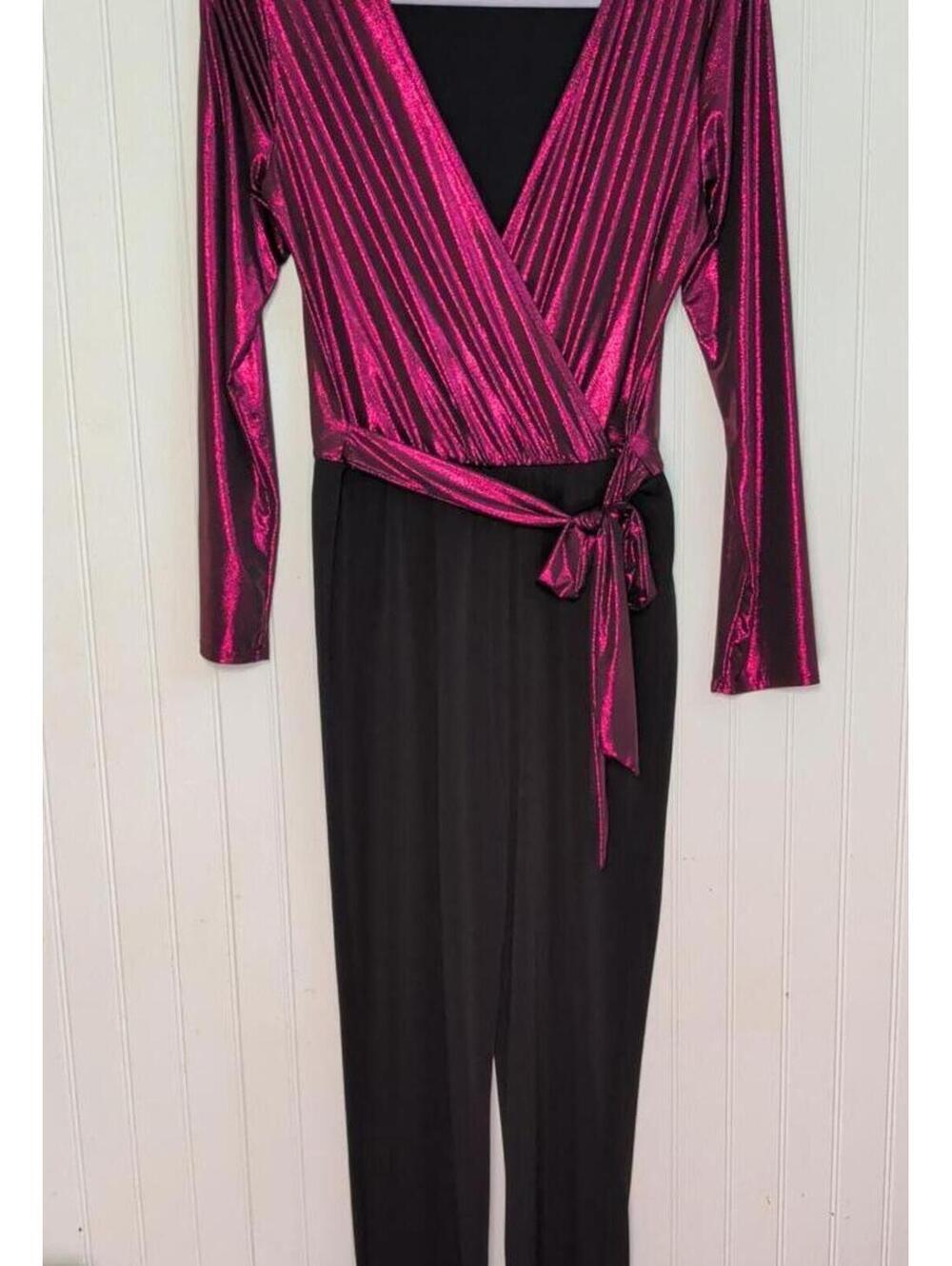 American City Wear Retro Metallic Fuchsia Wrap Front Black Jumpsuit Glam Disco